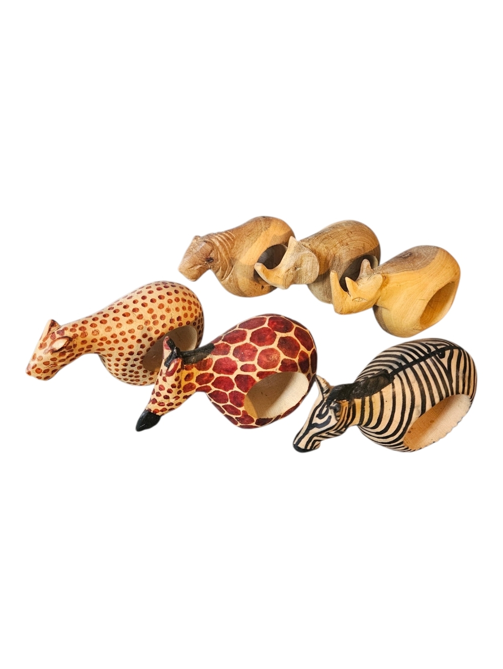 Set Of 6 Mahogany Wood Safari Animal Napkin Rings Zebra Giraffe Rhino Elephant